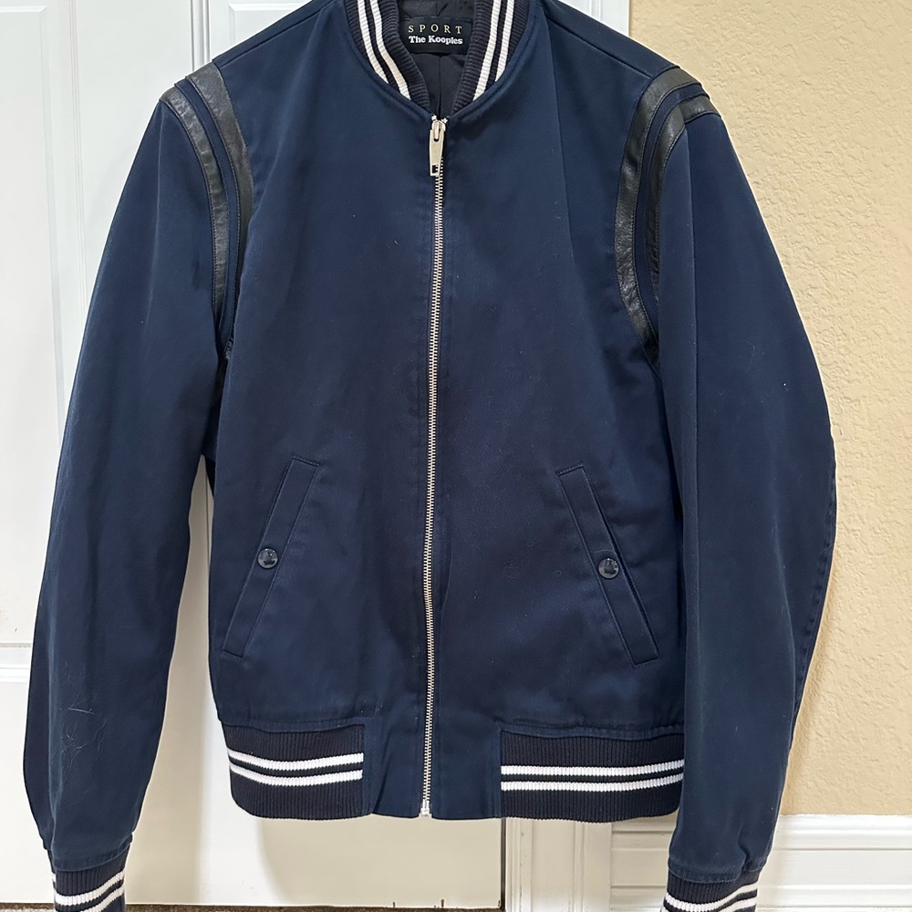 The Kooples Blue Varsity Bomber Jacket with Striped Ribbing
